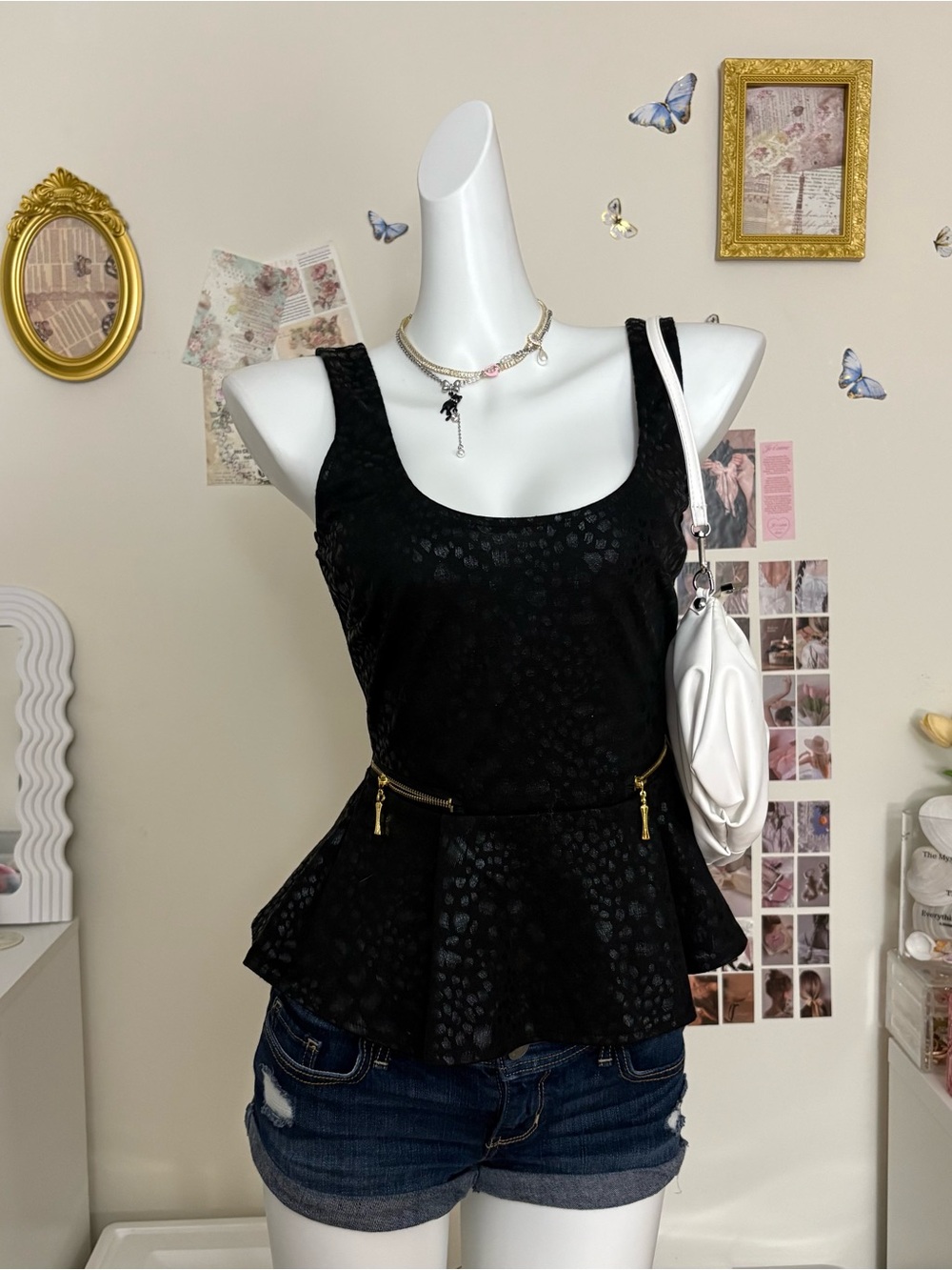 bebe Black Peplum Tank Top with Gold Zipper Accents